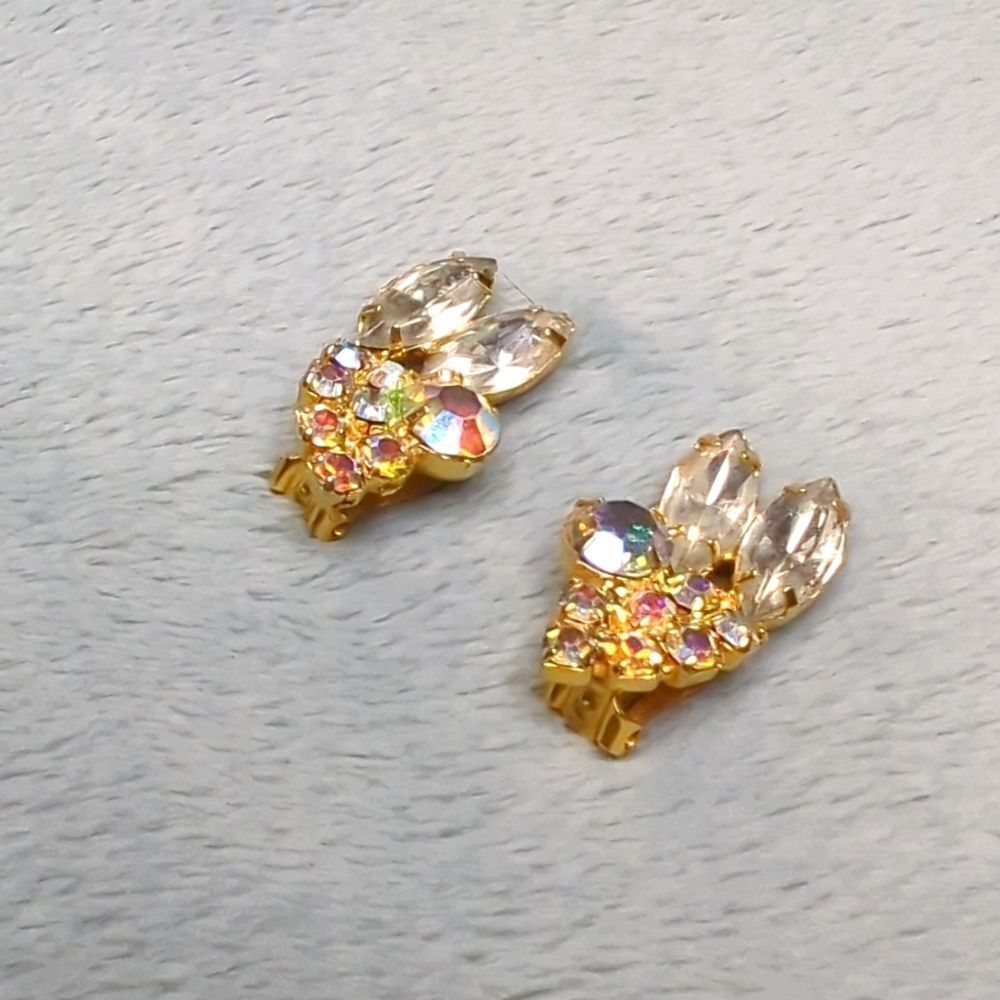 Vintage 60's Clear and Aurora Borealis Rhinestone Clip Earrings